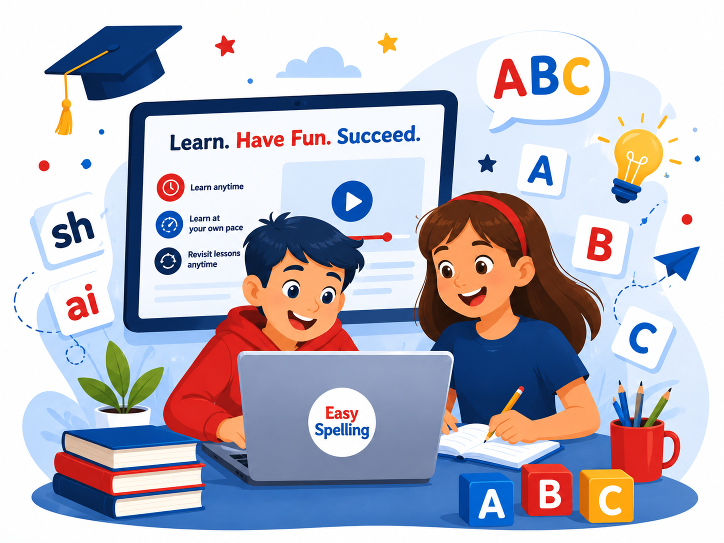 Students enjoying interactive English spelling and phonics lessons online