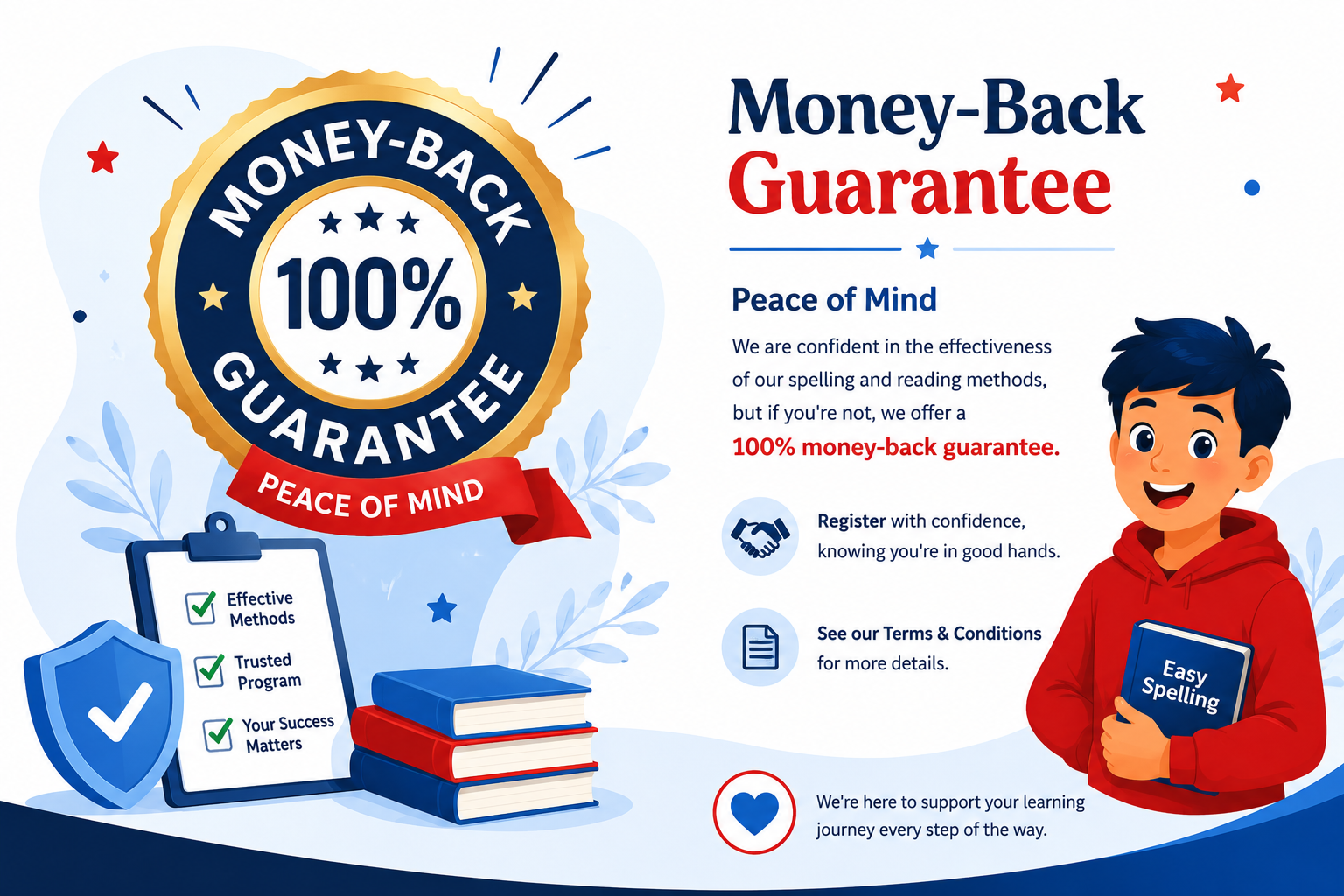 Shield and checkmark representing the Easy Spelling money-back guarantee