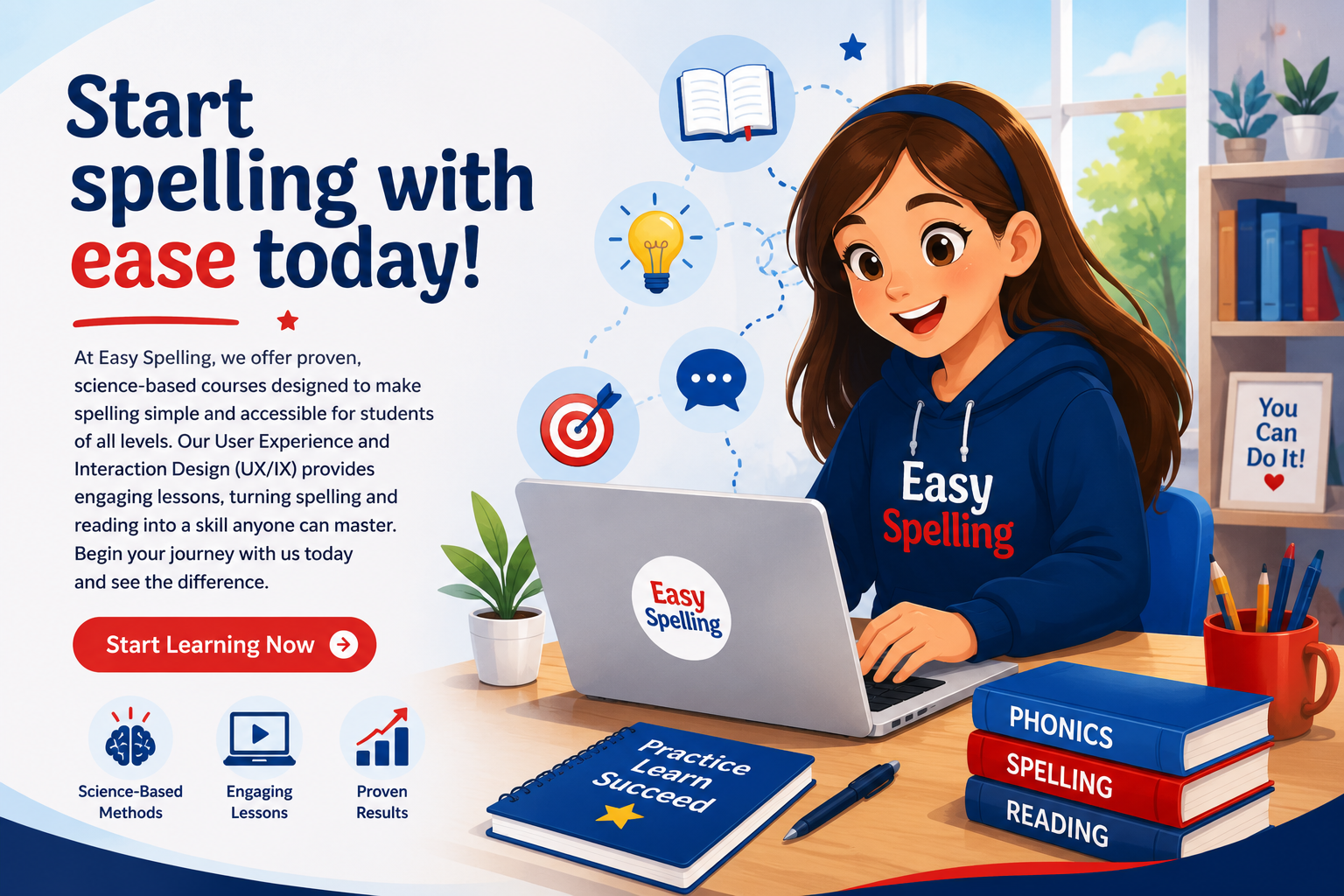 Confident learner celebrating improved English spelling and reading skills