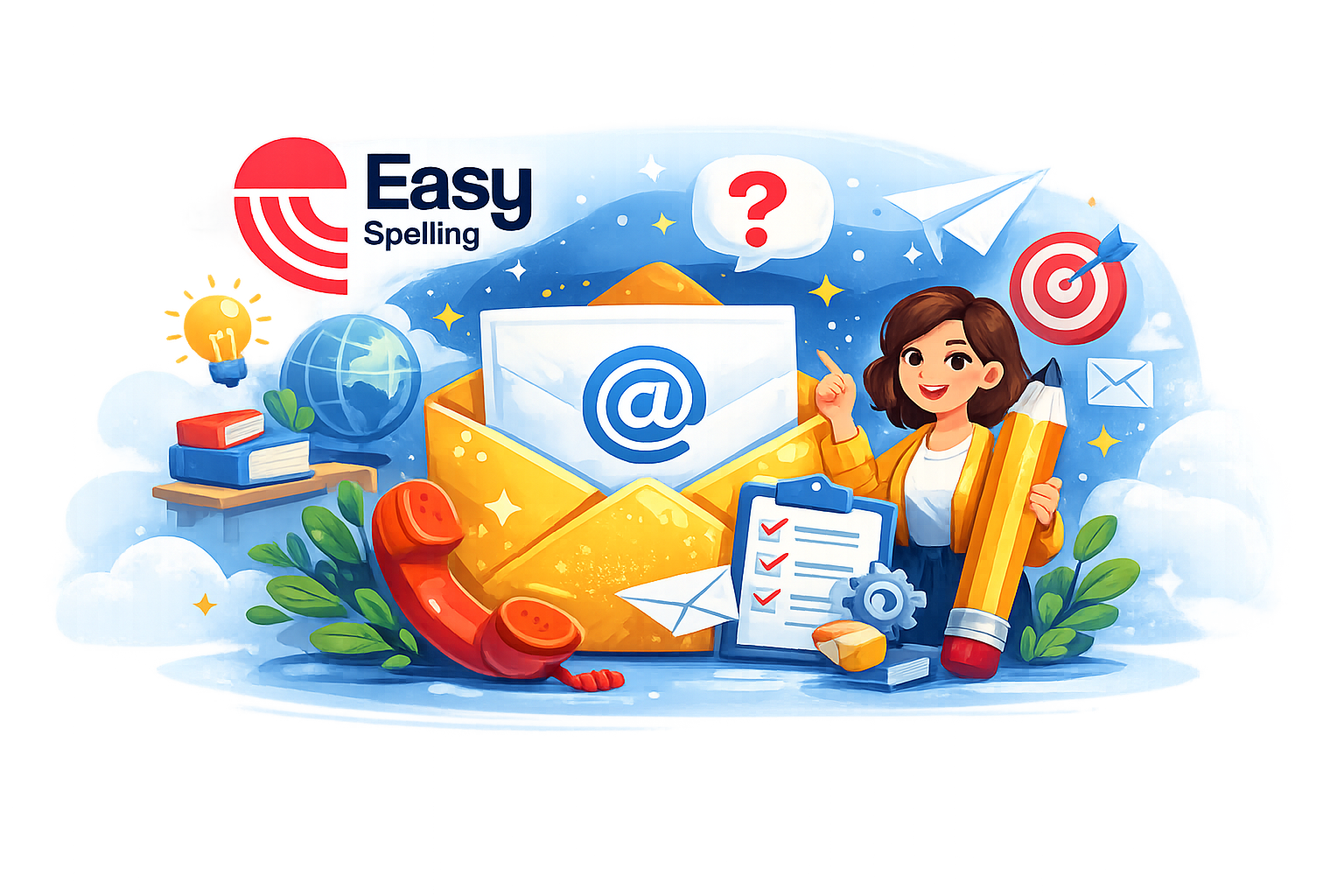 Easy Spelling support illustration with an envelope, question symbol and education specialist
